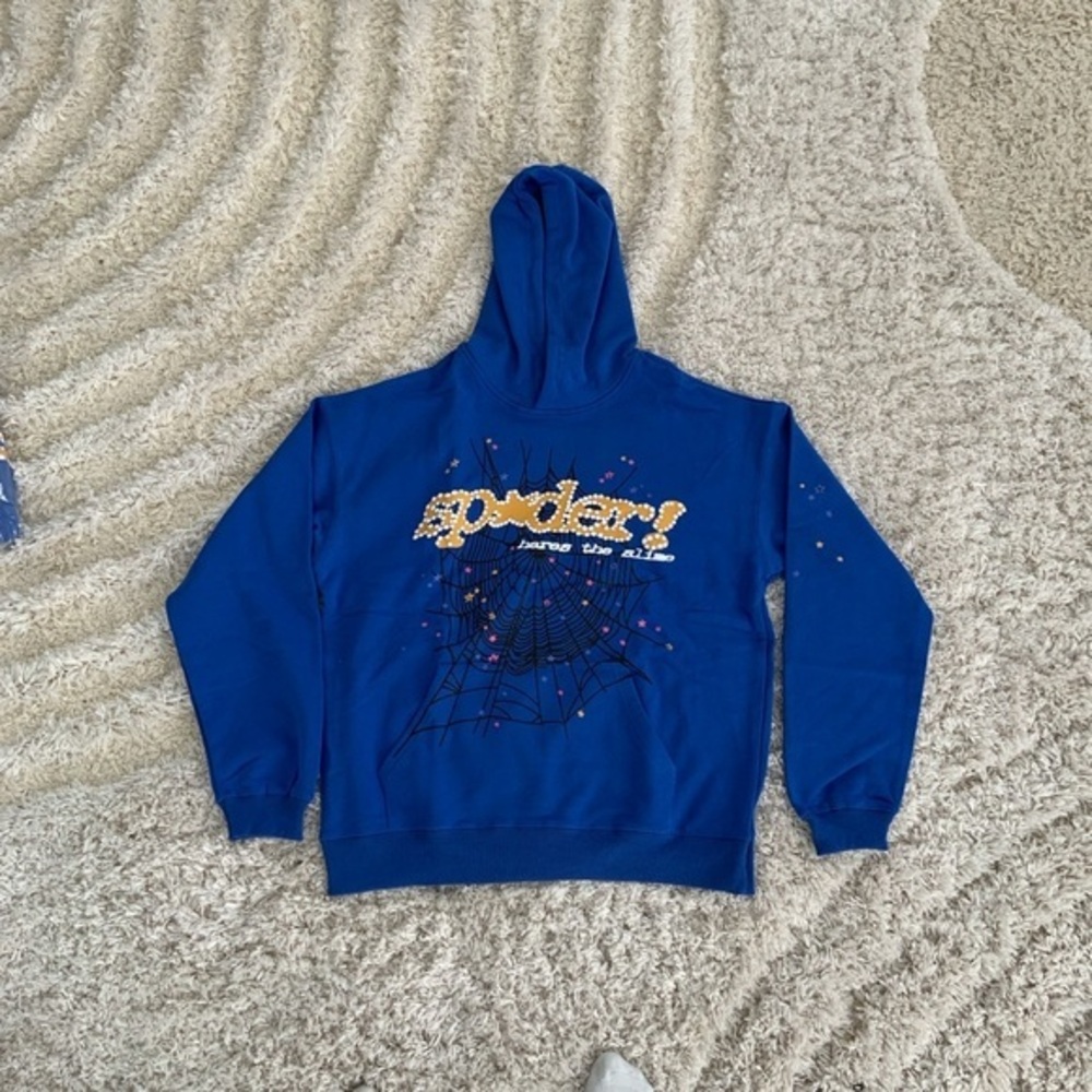 Sp5der TC Blue sp*der! logo Pullover Hoodie for Men Size Large
